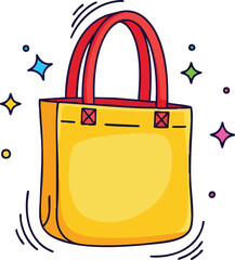 Yellow Tote Bag with Red Handles Sparkling with Colorful Stars and Motion Lines