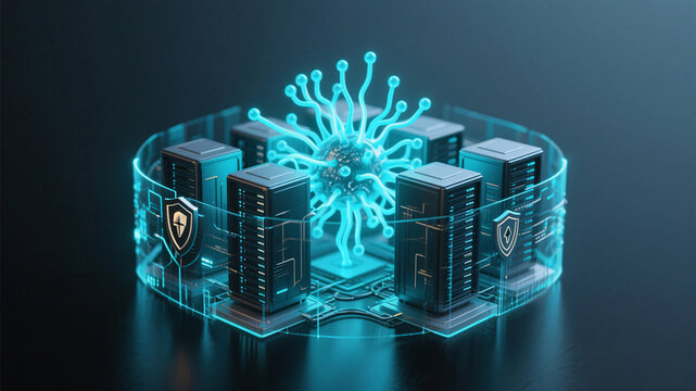 Stylized 3D visualization of an artificial neural network protecting a data server cluster with bright cyan illumination against a dark gradient, emphasizing cybersecurity in fintech and technology.
