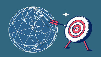 Digital illustration of globe with target and arrow, symbolizing global focus and precision