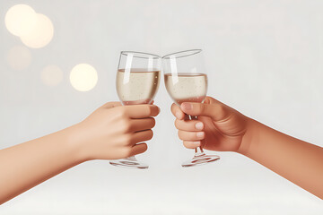 Two hands clink champagne glasses, celebrating a special moment with joyful anticipation.