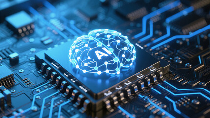 Futuristic artificial intelligence concept showing luminous data nodes and neural links shaped as a digital brain over electronic circuits, representing deep learning and high-tech network processing.