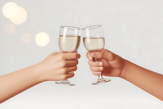 Two hands clink champagne glasses, celebrating a special moment with joyful anticipation.