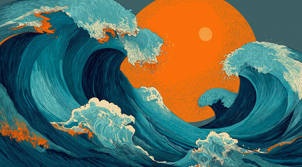 A flat comic-style illustration with a huge wave and an orange sun. The theme is achievement and overcoming obstacles