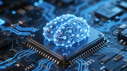 Abstract digital brain formed by glowing neural network nodes and connections over metallic computer circuitry, symbolizing advanced AI technology and machine learning innovation in cybersecurity visu