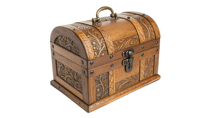 A beautifully crafted wooden treasure chest features detailed carvings and a brass handle. Its elegant design and sturdy structure make it perfect for storing keepsakes and valuables on a transparent 