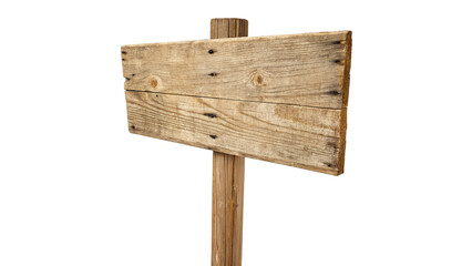 A wooden sign stands upright on a post in a simple environment, highlighting the natural texture of the weathered wood, perfect for direction or decoration on a transparent background