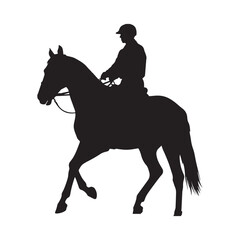 A black silhouette horseback rider set Silhouette On white Background.
