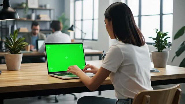 Woman typing on laptop with mockup green screen in modern office environment, chroma key display for content replacement footage