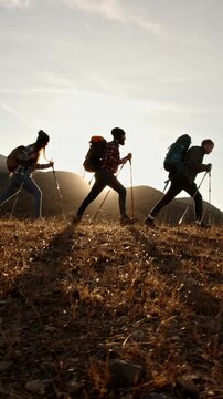 group of young hikers walking uphill in glowing sunset light vertical slow motion video symbolizing adventure spirit freedom teamwork mindfulness travel lifestyle and connection with nature
