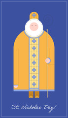 Saint Nicholas day. Christmas greeting card. Illustration of the Saint Nicholas character in the geometric style