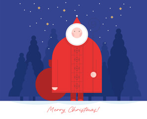 Christmas greeting card. Illustration of the Santa Claus character in the geometric style