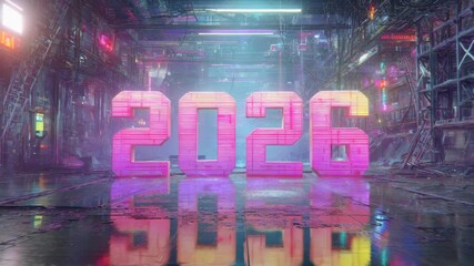 Bright pink 2026 digits lit up in futuristic sci-fi hallway scene, glowing neon style, reflective industrial background, concept of future technology - Powered by Adobe