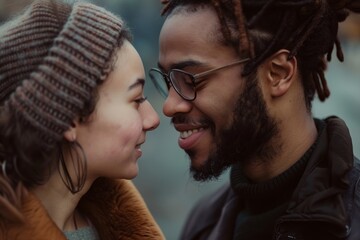 Portrait of a jovial multicultural couple in their 30s standing face to face having intimate romantic moment