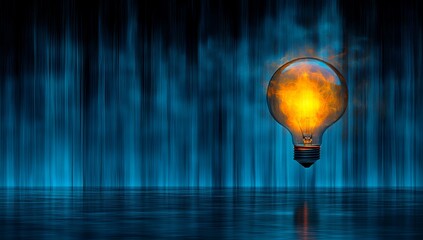 Illuminated light bulb floating against abstract blue background with reflection, creative concept with copy space for text
