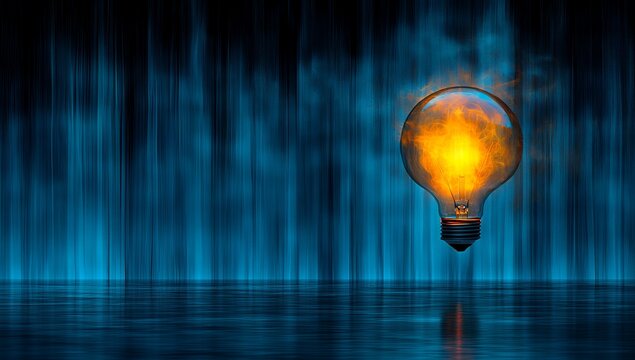 Illuminated light bulb floating against abstract blue background with reflection, creative concept with copy space for text