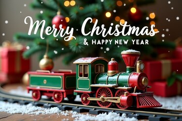 Сhristmas retro toy locomotive on railroad on Christmas tree background. Merry christmas and happy new year concept. AI generated