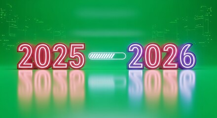 Glowing neon numbers 2025 and 2026 separated by a progress bar on a green background  2025, 2026, transition, progress, loading bar, neon, glowing, futuristic