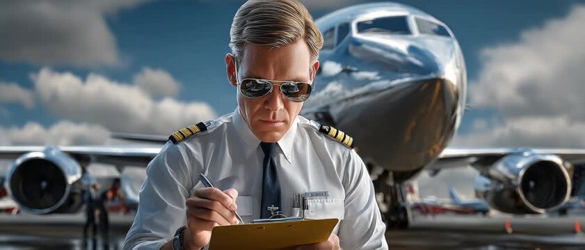 The Sky's the Limit: A focused captain meticulously reviews pre-flight documents against the backdrop of a modern airliner, epitomizing the precision and dedication that ensures safe journeys.