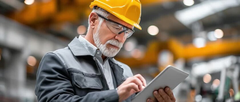 Quality Control in Engineering: An experienced engineer, clad in protective gear, meticulously reviews data on a tablet within a bustling industrial setting.