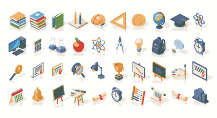 A large collection of colorful isometric icons representing school, education, science, and learning concepts on a white background.