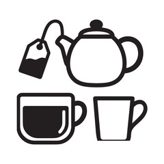 Black and white icons for tea and beverages with tea bag teapot cup drink Silhouette On white Background. 
