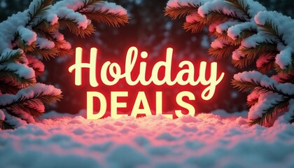 Holiday deals sign illuminated in snow-covered winter forest  