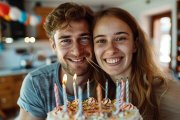 Portrait of a content caucasian couple in their 20s celebrating birthday