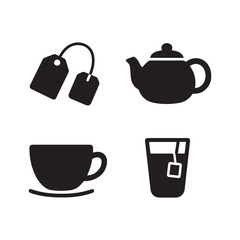 Black and white icons for tea and beverages with tea bag teapot cup drink Silhouette On white Background. 