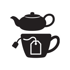 Black and white icons for tea and beverages with tea bag teapot cup drink Silhouette On white Background. 