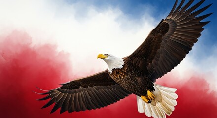 Obraz premium Bald eagle in flight against patriotic sky