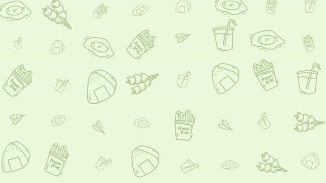 Light green food pattern includes various japanese snacks and dishes. Ideal for food blogs, restaurant menus, and culinary social media posts.