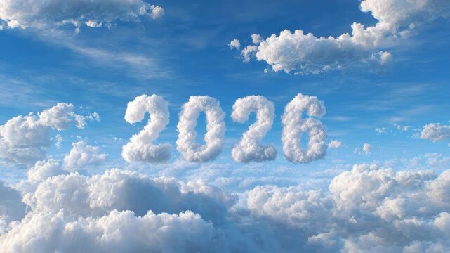 Cloud-formed number 2026 in sky, photorealistic style, with vivid blue sky and fluffy cloud background, concept of future and time passing
