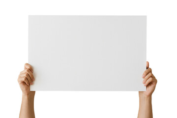 Hands showing large white cardboard sign, PNG transparent background