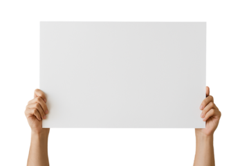 Hands showing large white cardboard sign, PNG transparent background