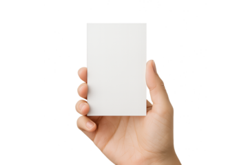 Hand holding white business card, PNG transparent background