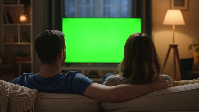 Man and woman watch television with green screen, girl points at screen, then rests head on man's shoulder in living room footage