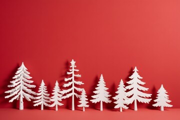Obraz premium Moderne Darstellung von stilisierten weißen Weihnachtsbäumen auf rotem Hintergrund für festliche Dekorationen