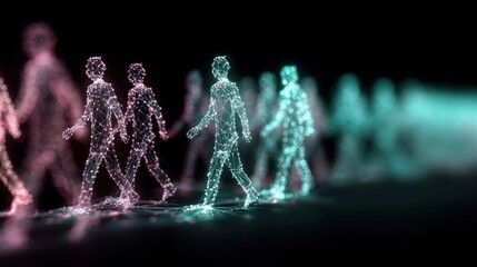 Digital Silhouette in Motion: Digitally rendered figures walk in a line, each a mesmerizing collection of luminous particles, tracing a path through a surreal, low-lit environment.