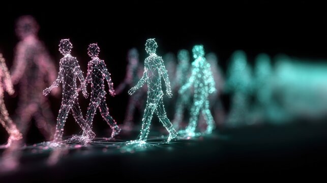 Digital Silhouette in Motion: Digitally rendered figures walk in a line, each a mesmerizing collection of luminous particles, tracing a path through a surreal, low-lit environment.