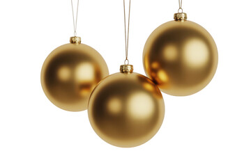 Three golden christmas baubles isolated on transparent background