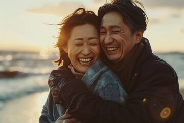 Portrait of a happy asian couple in their 30s sharing a hug on the seashore