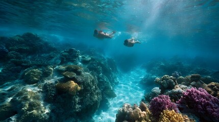 Fototapeta premium Two people snorkeling in a vibrant sunlit underwater coral reef