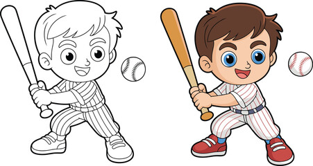 Baseball boy illustration, kid sports drawing, children playing artwork, cartoon athlete, coloring page, vector design, lifestyle, fun, game, activity