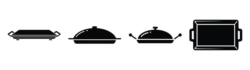 tray minimal flat icon set, black color and white background