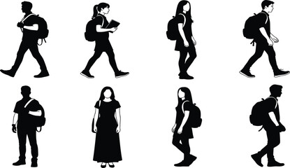 Silhouette of students walking with backpacks, education concept vector, school and college people illustration, learning and study lifestyle design
