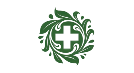 Green botanical emblem featuring a cross symbolizing health and nature