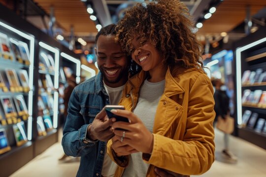Portrait of a happy mixed race couple in their 30s buying a smartphone in store