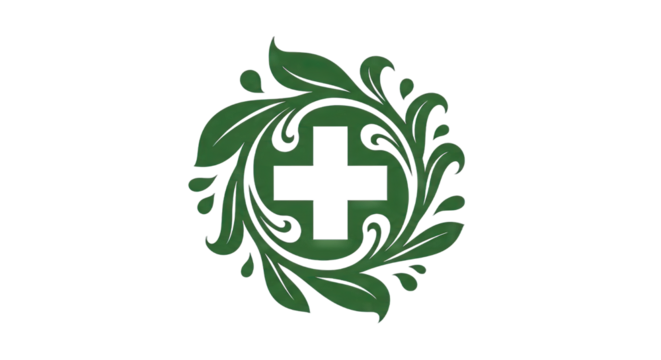 Green botanical emblem featuring a cross symbolizing health and nature