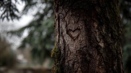 A heart symbol is carved into the rough bark of a tree trunk with a blurred natural background