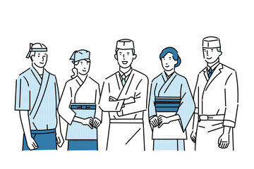 和食ー日本伝統料理の制服ー女将ーレストラン調理服、白衣を着た人々のイラスト素材